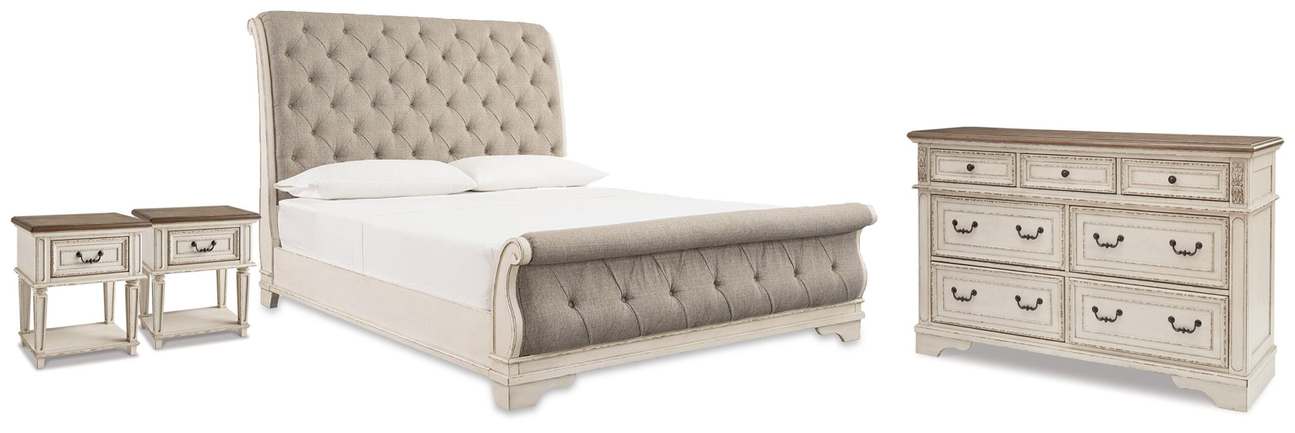 b6b3de9584d141e1d7010c6cb1ac64c9 Realyn Queen Upholstered Sleigh Bed, Dresser and 2 Nightstands - Image 1