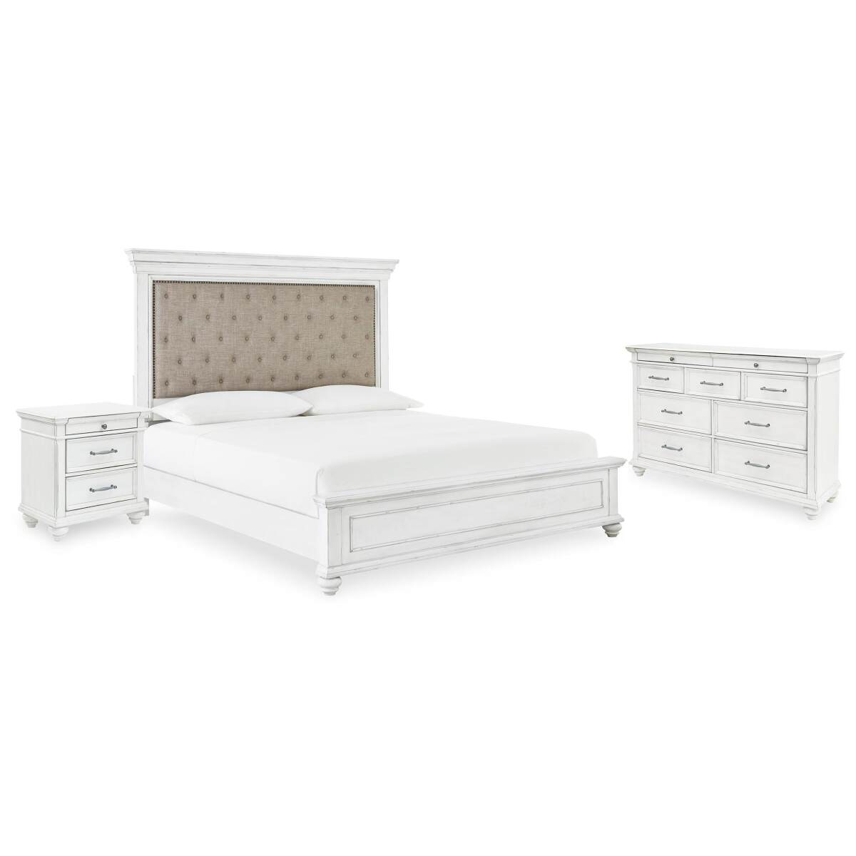 c0aee163ed917829eaa7770f828eadc8 Kanwyn Queen Upholstered Panel Bed, Dresser, and Nightstand - Image 1