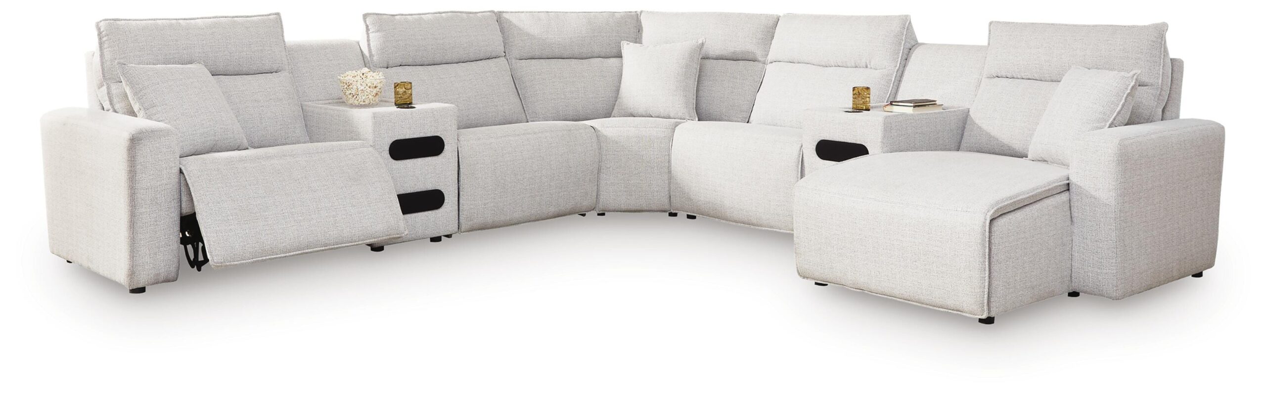 c1bd702e2765f73dcc3284222dac43e5 Modmax II 7-Piece Power Reclining Sectional with Chaise and Audio Consoles - Image 1