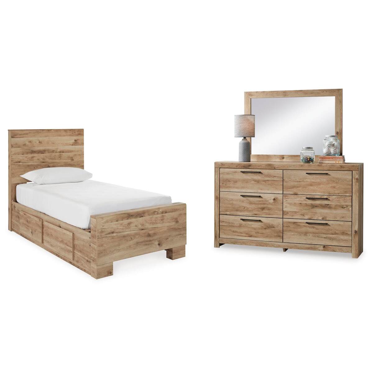 c8ae05082017fe79c4c1853e91600d86 Hyanna Twin Panel Bed with 1 Side Storage, Dresser and Mirror - Image 1