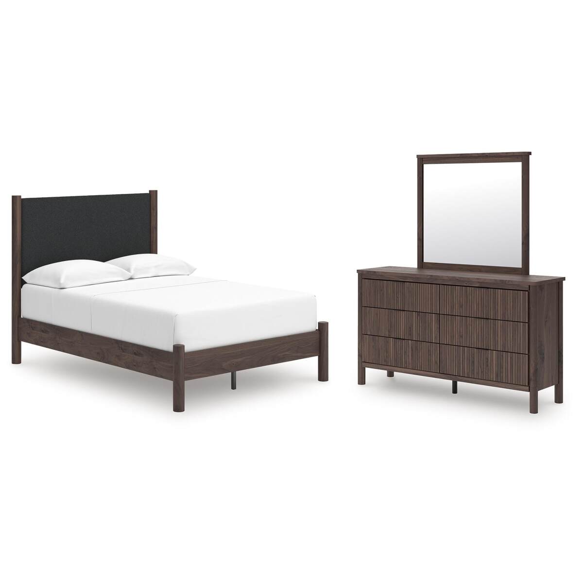 ce6ddb3eb6f0a50b57de26b699c254db Pamytta Full Upholstered Platform Bed, Dresser and Mirror - Image 1