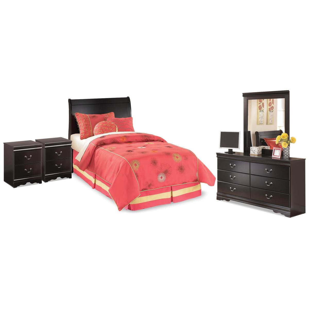 ceb7f0b65d03ef4ab274ca0fa4c58d2f Huey Vineyard Twin Sleigh Headboard, Dresser, Mirror and 2 Nightstands - Image 1