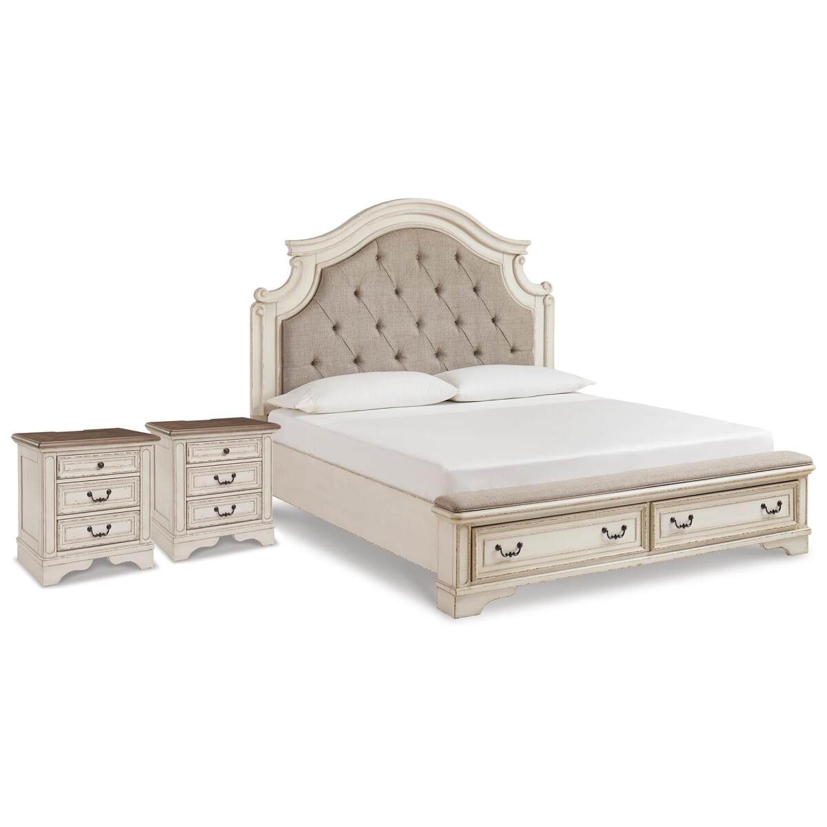 d0039cc21defaa5a9d85415f1adfe0a8 Realyn King Upholstered Panel Storage Bed and 2 Nightstands - Image 1