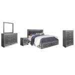 Lodanna King Upholstered Storage Bed, Dresser, Mirror, Chest, and Nightstand