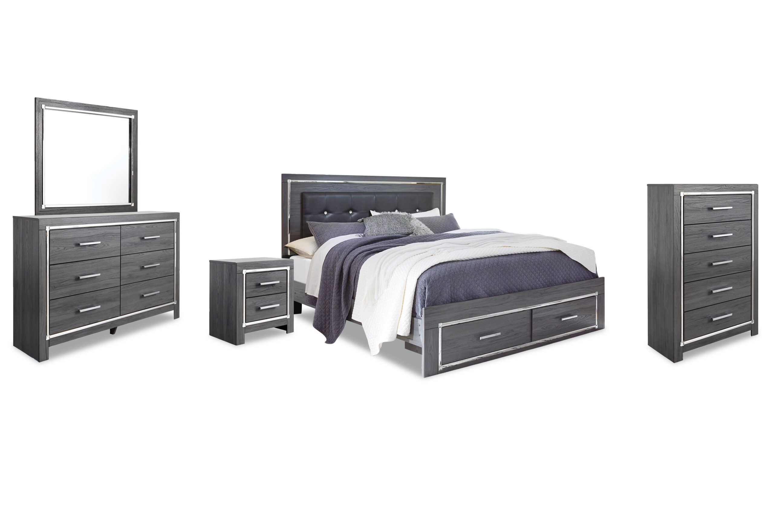 d2982c5fb19dd137ac547258ce4f6b1b Lodanna King Upholstered Storage Bed, Dresser, Mirror, Chest, and Nightstand - Image 1