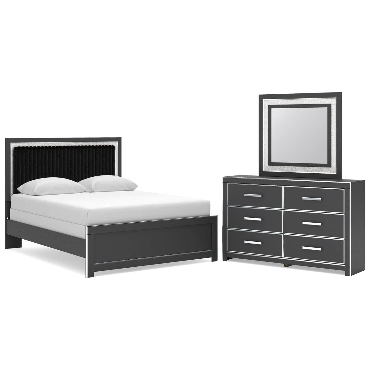 d29a7ce52a08d536581bb0b8bd1f475f Zuraleus Queen Upholstered Panel Bed, Dresser and Mirror - Image 1