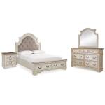 Realyn Queen Upholstery Panel Bed, Dresser, Mirror and Nightstand