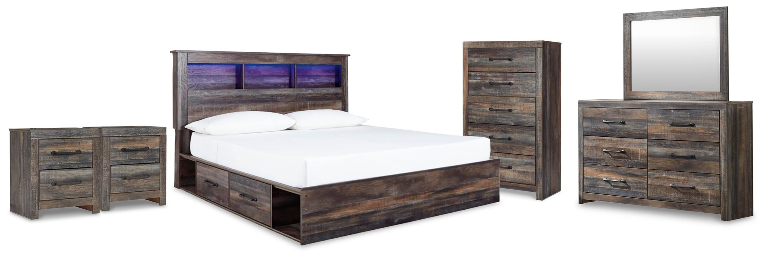 d7d2da81c9b6ec7c7e122f9e7c759ae4 Drystan King Bookcase Storage Bed, Dresser, Mirror, Chest and 2 Nightstands - Image 1