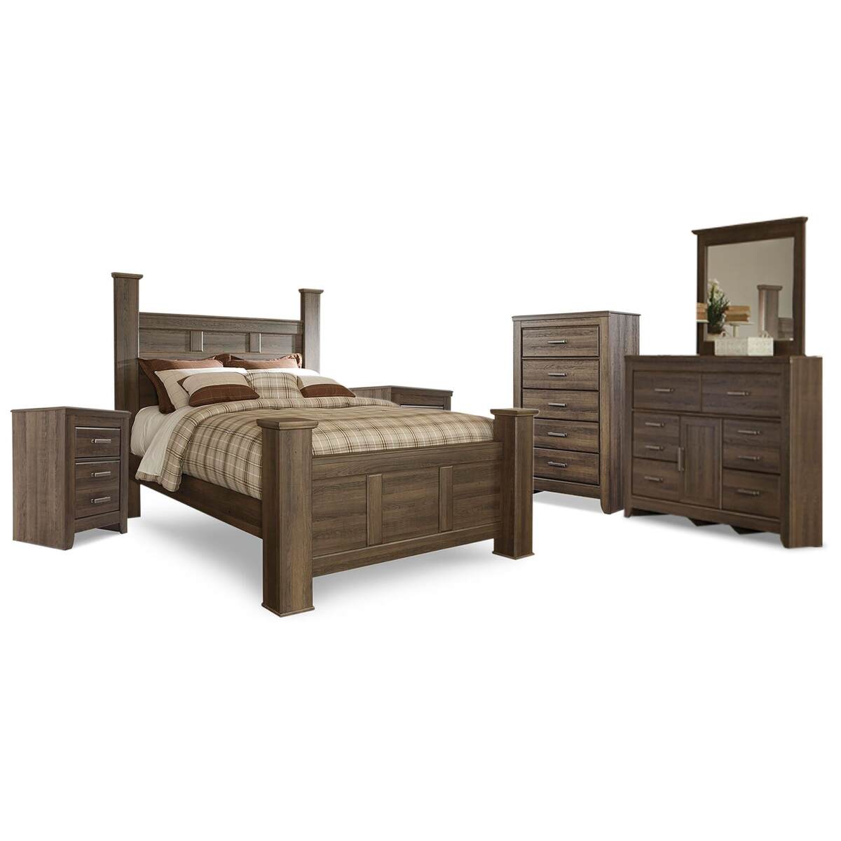 db7a45d3ef118af022e2fdbb9daeb714 Juararo Queen Poster Bed, Dresser, Mirror, Chest and 2 Nightstands - Image 1