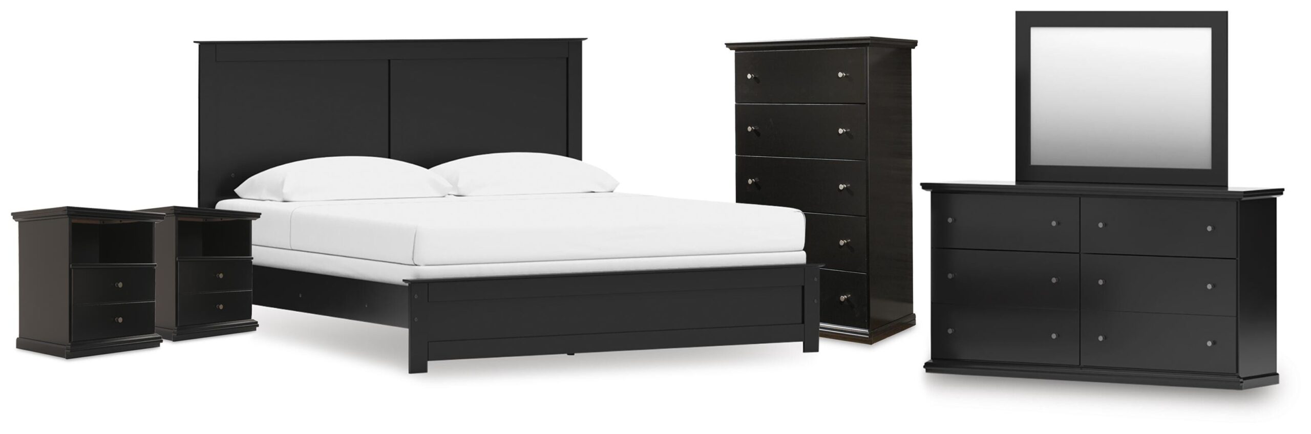 dd1edf8b6adb17c35cb741d1e8bd5885 Maribel King Panel Bed, Dresser, Mirror, Chest, and 2 Nightstands - Image 1
