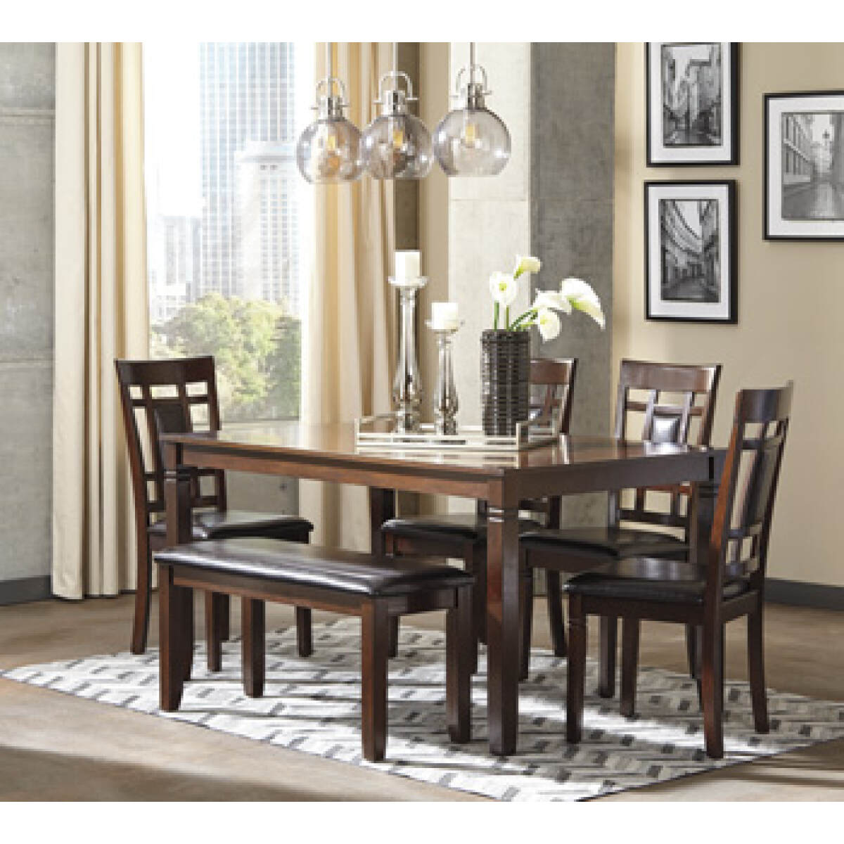dd8436d2979f085743faaffc9d5ee315 Bennox Dining Table and Chairs with Bench (Set of 6) - Image 1