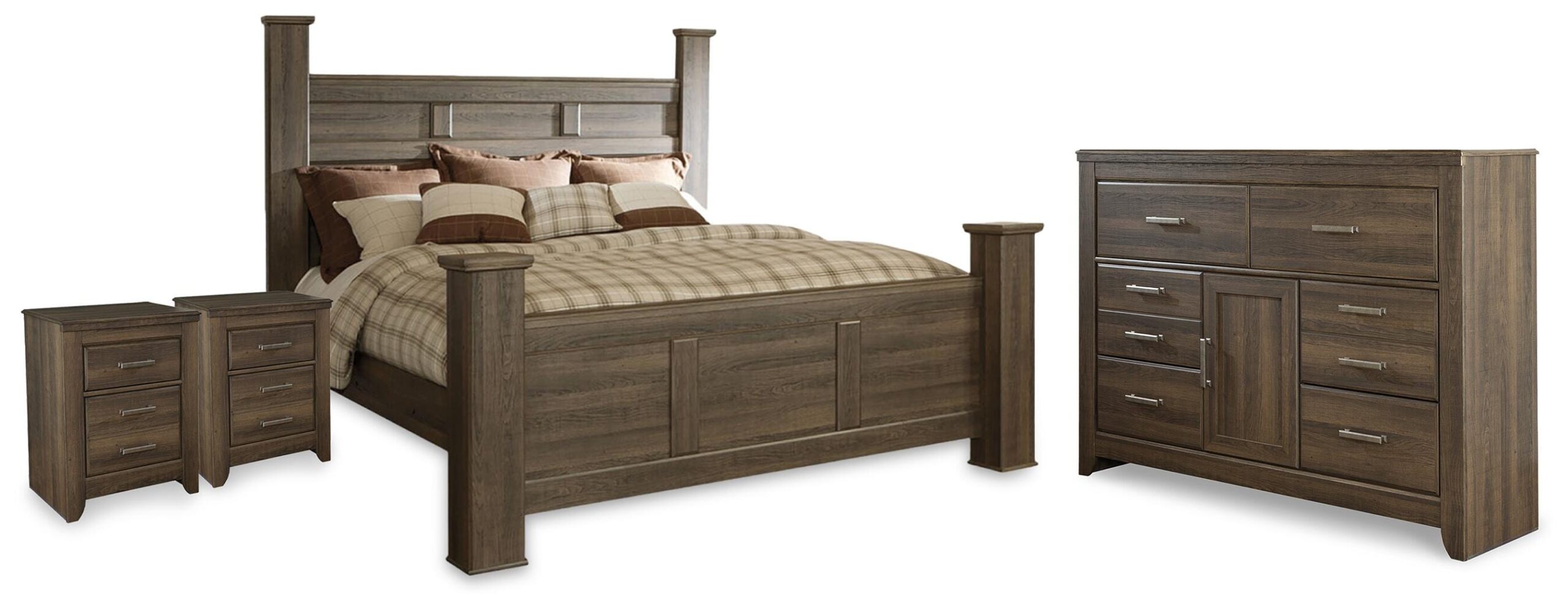 dee37e54c1646de0c67ad2f8a1eda542 Juararo California King Poster Bed, Dresser and 2 Nightstands - Image 1