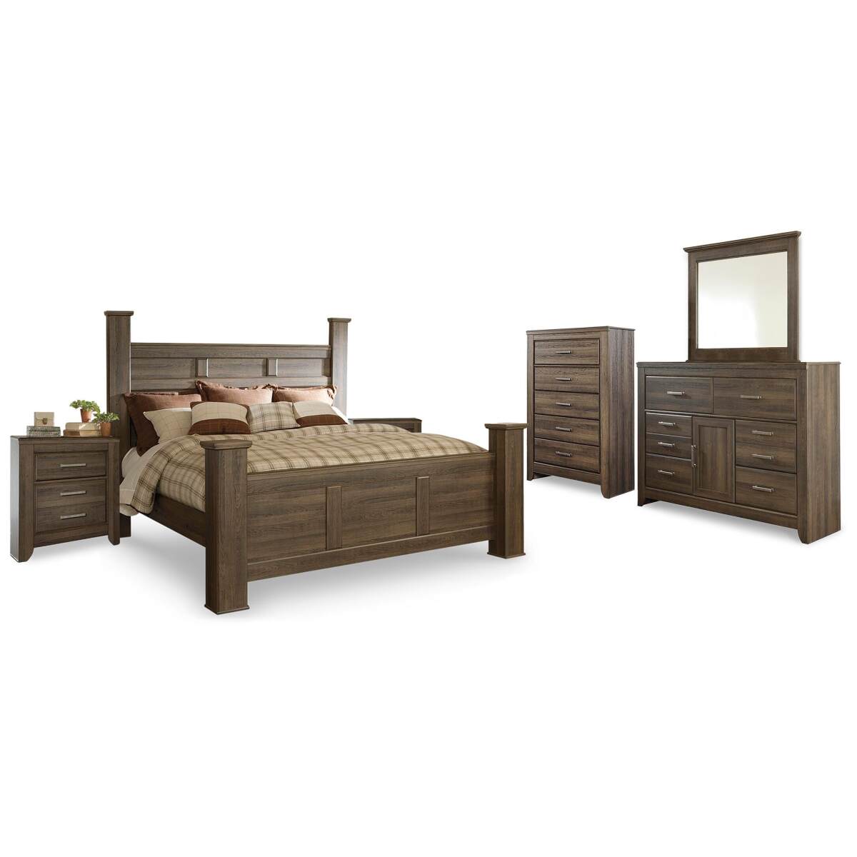e204b16fc66a2533634c20ee49936fd8 Juararo King Poster Bed, Dresser, Mirror, Chest and 2 Nightstands - Image 1