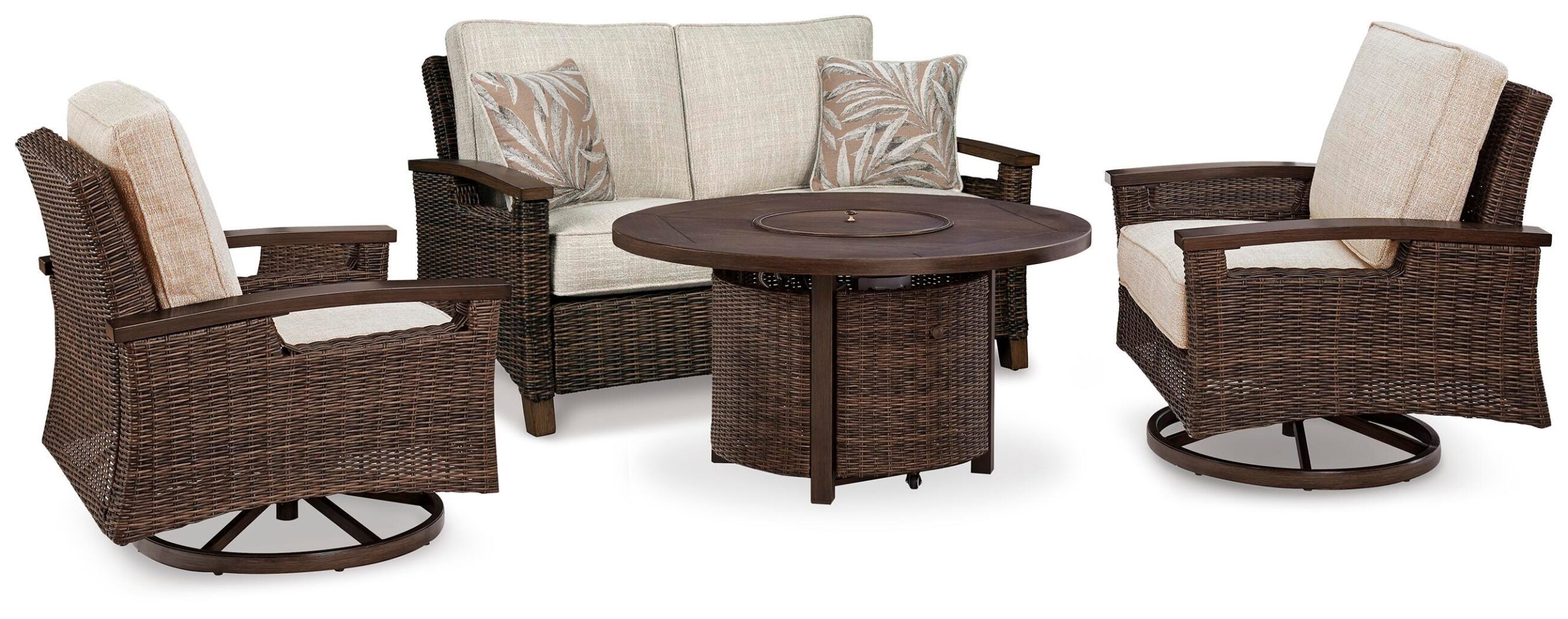 e426856ae589195ae2520b671d48bec6 Paradise Trail Outdoor Loveseat, Fire Pit Table and 2 Lounge Chairs - Image 1