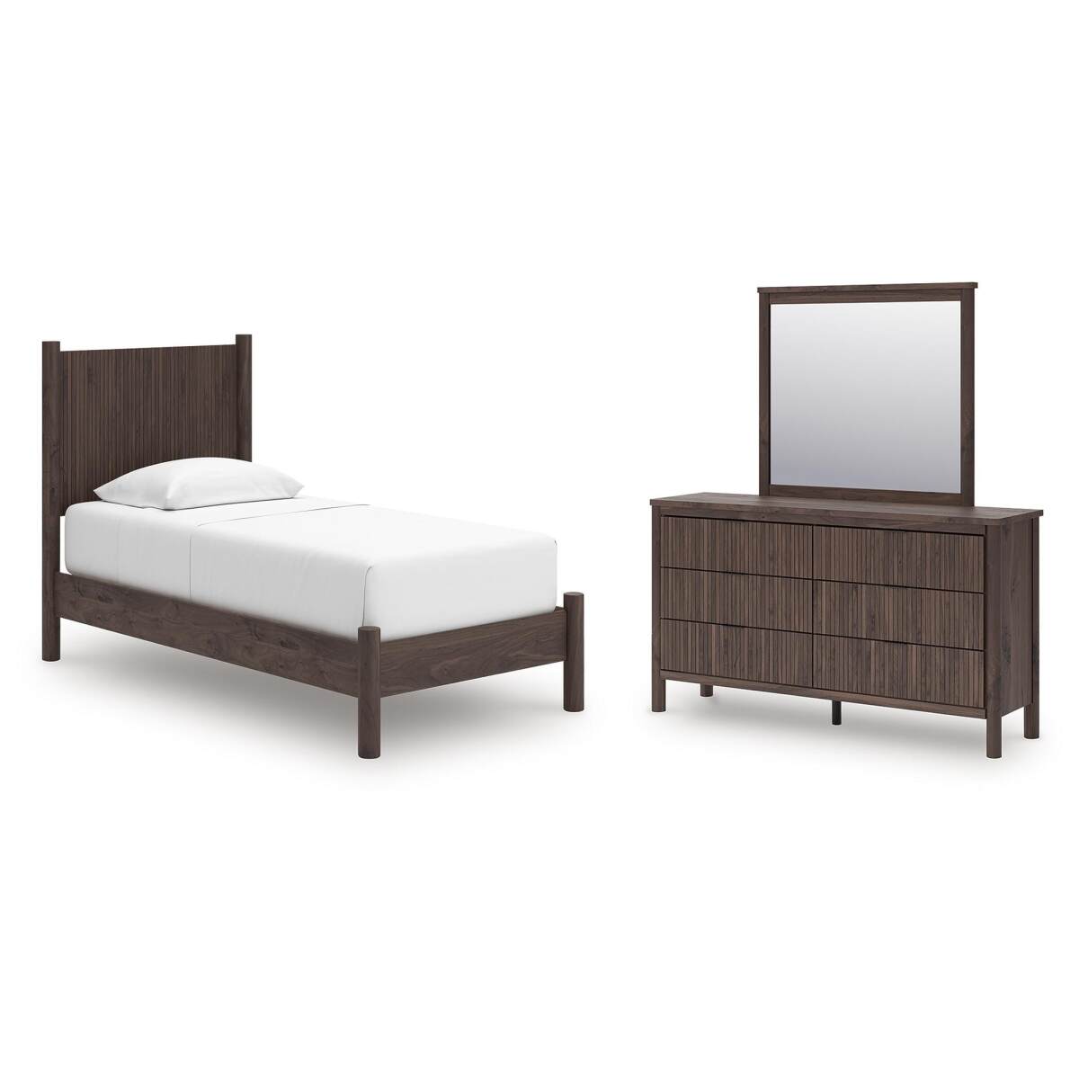 ea320ee8a48ec647c42bff06bc6a259d Pamytta Twin Panel Platform Bed, Dresser and Mirror - Image 1