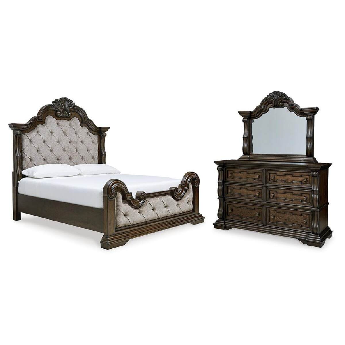 ee00b4a34133ccea8a27a1ddd4a49e42 Maylee Queen Upholstered Bed, Dresser and Mirror - Image 1