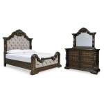 Maylee Queen Upholstered Bed, Dresser and Mirror