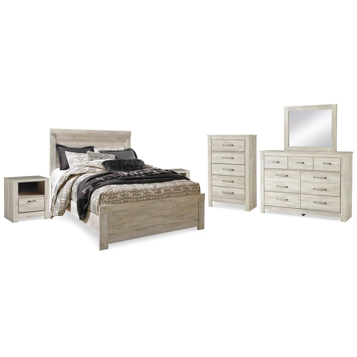 ee44e6fc057d1a4578caa7cb41c32b64 Bellaby Queen Panel Bed, Dresser, Mirror, Chest and 2 Nightstands - Image 1