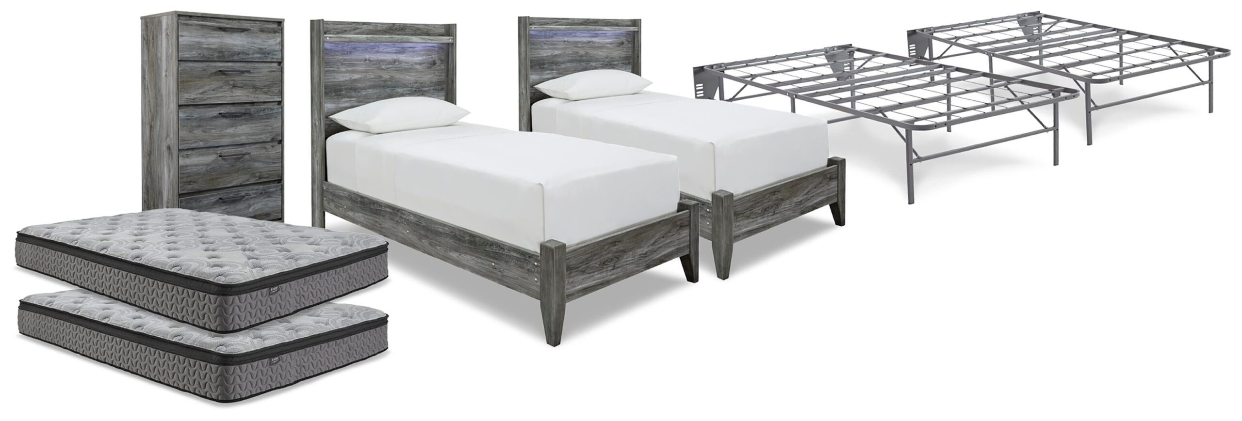 ef1764744df86b3aff4fe46554f013f6 Baystorm 2 Twin Panel Beds, 2 Mattresses, 2 Foundations, and Chest - Image 1
