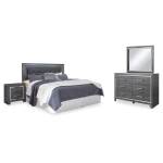 Lodanna King Upholstered Panel Headboard, Dresser, Mirror, and Nightstand