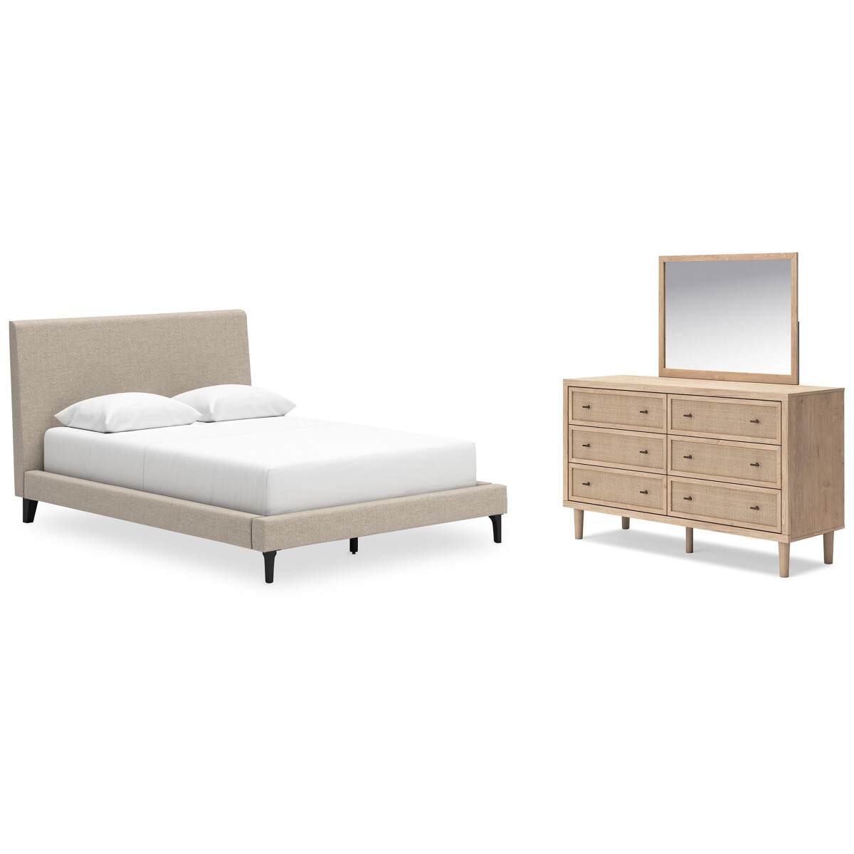 f603fb3cc06352e713d688b831b2354e Cielden Queen Upholstered Bed, Dresser and Mirror - Image 1