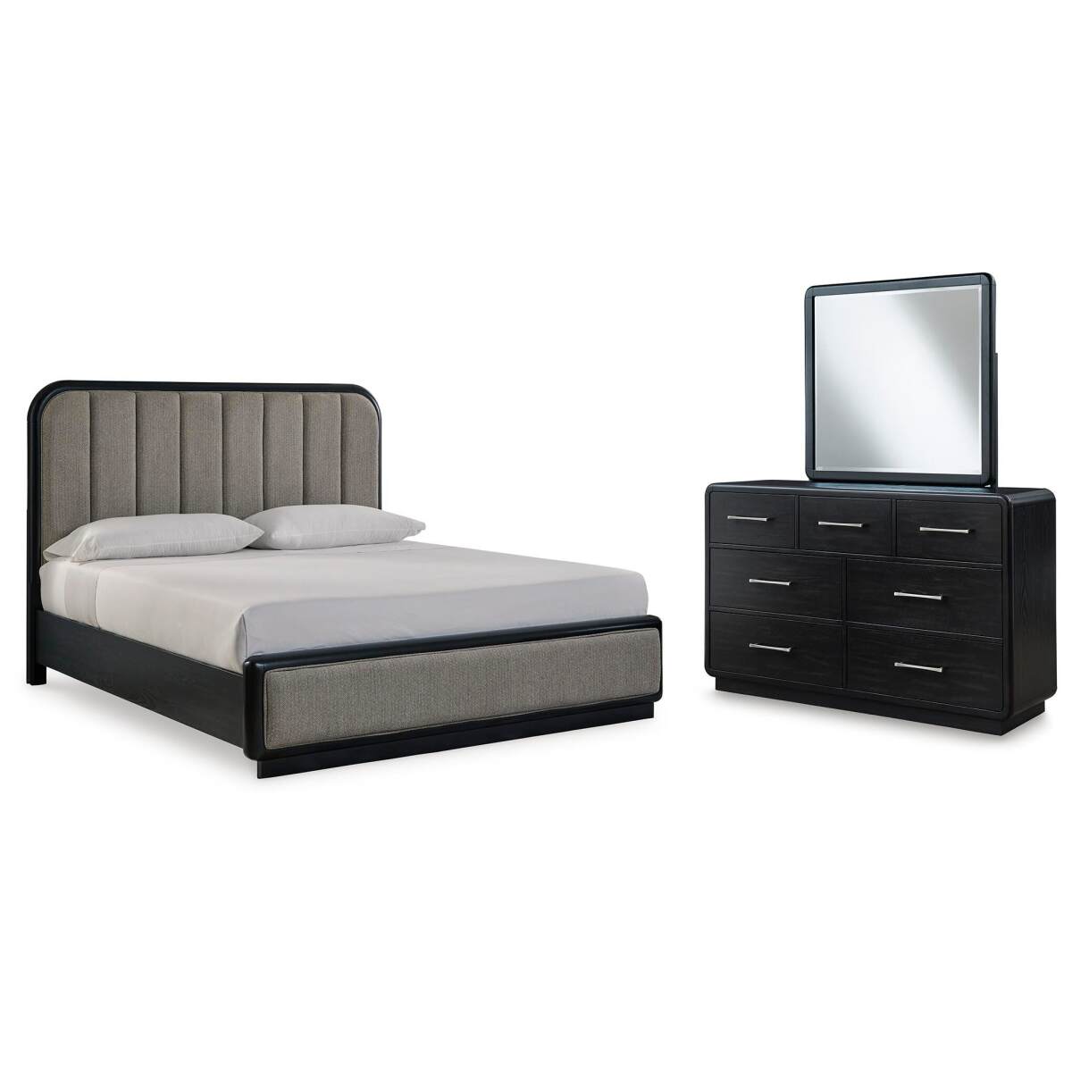 f6a5d7e450b4663d1c44d00fa4eee5fa Rowanbeck California King Upholstered Panel Bed, Dresser and Mirror - Image 1