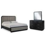 Rowanbeck California King Upholstered Panel Bed, Dresser and Mirror