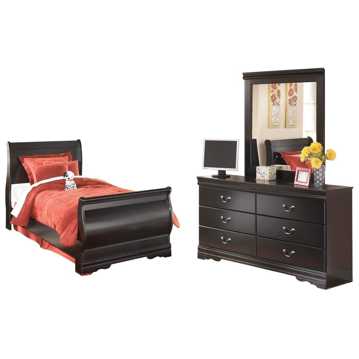 f6dbc52746512f6358c77ff1db8c7a89 Huey Vineyard Twin Sleigh Bed with Dresser and Mirror - Image 1