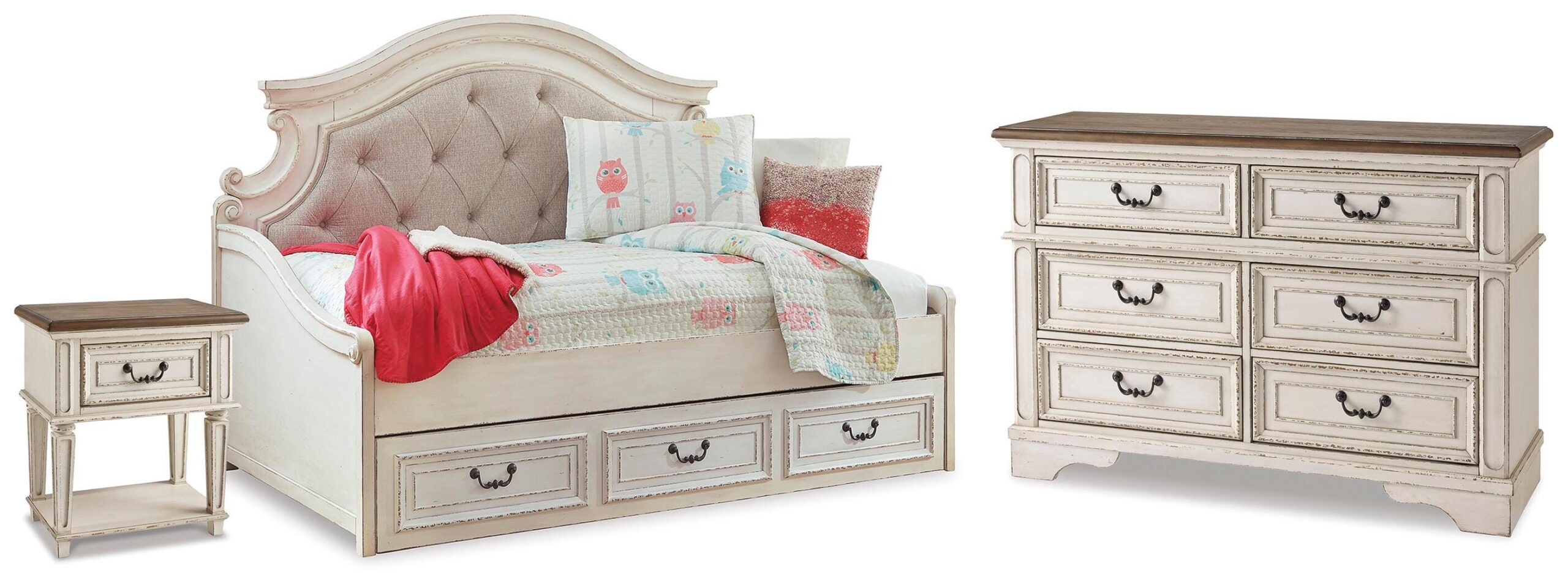 f7ddcc5f42218d08db2b639bfe9d2f5a Realyn Twin Storage Daybed, Dresser and Nightstand - Image 1