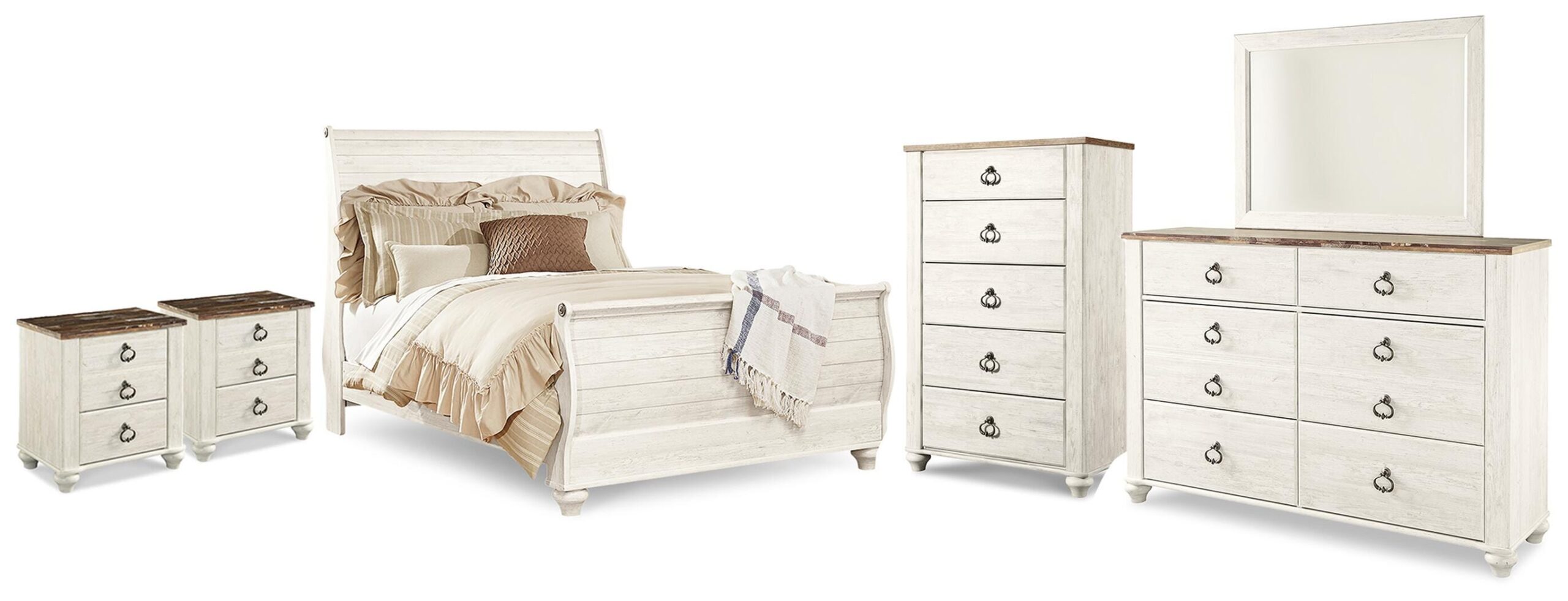 fa5cfb52a5484b3d7f46abda4f481300 Willowton Queen Sleigh Bed, 2 Dressers, Mirror, Chest and 2 Nightstands - Image 1