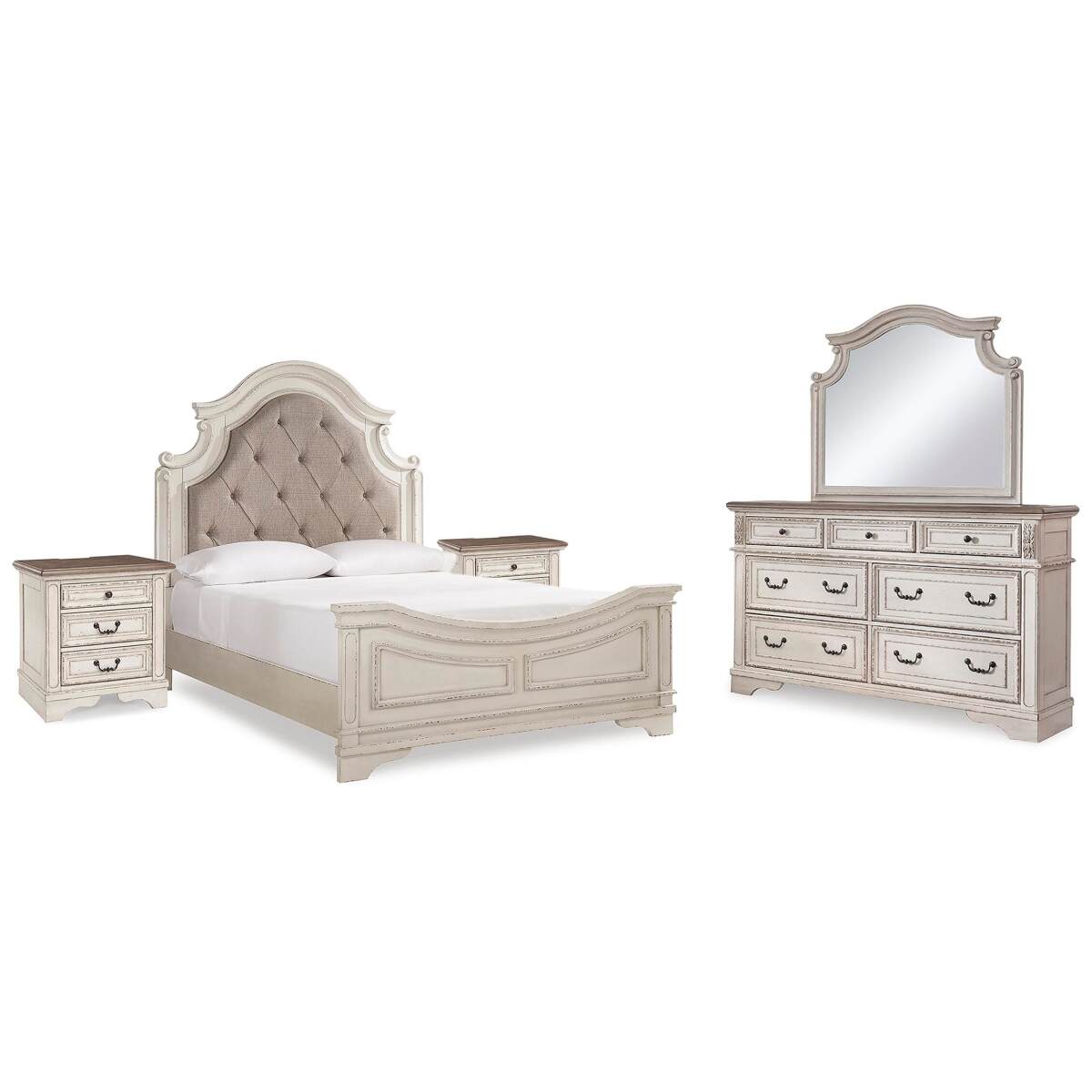 fb6215328fa62065620201c04a06c1d4 Realyn Queen Upholstered Panel Bed, Dresser, Mirror and 2 Nightstands - Image 1