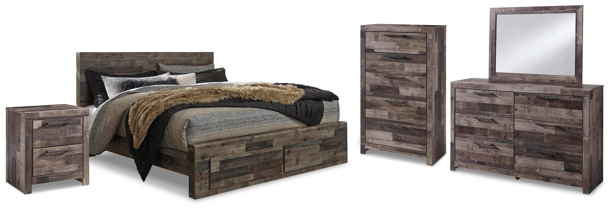 fc18b3d3e323ca029716aabdc7d6d805 Derekson King Panel Storage Bed, Dresser, Mirror, Chest and Nightstand - Image 1