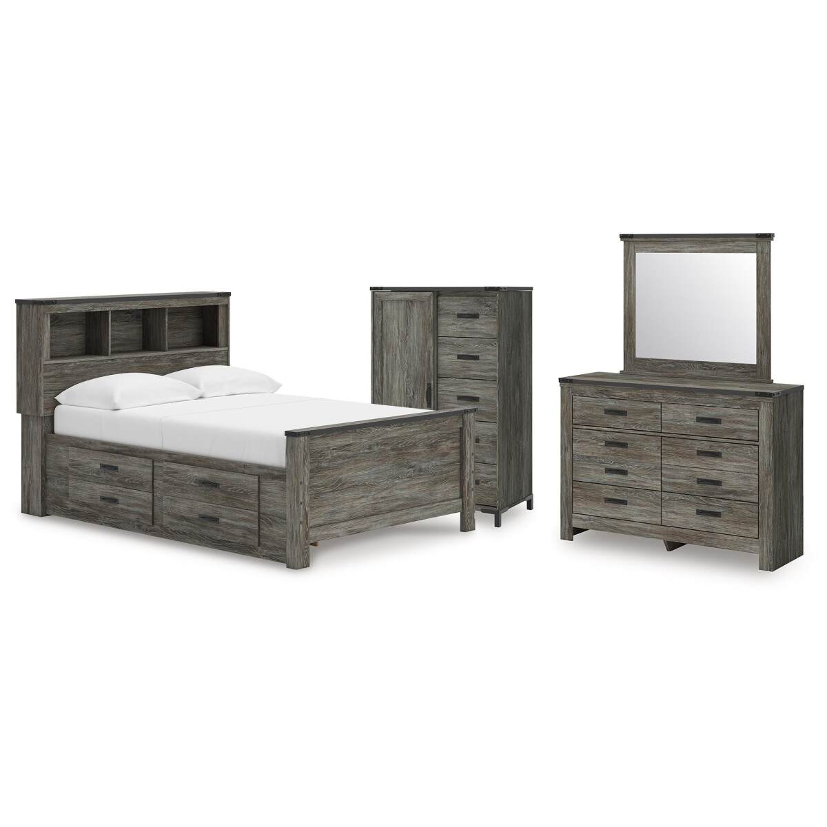 fc75d45a62cd382876f0261d594afed0 Frandern Full Bookcase Panel Bed with Storage, Dresser, Mirror and Chest - Image 1