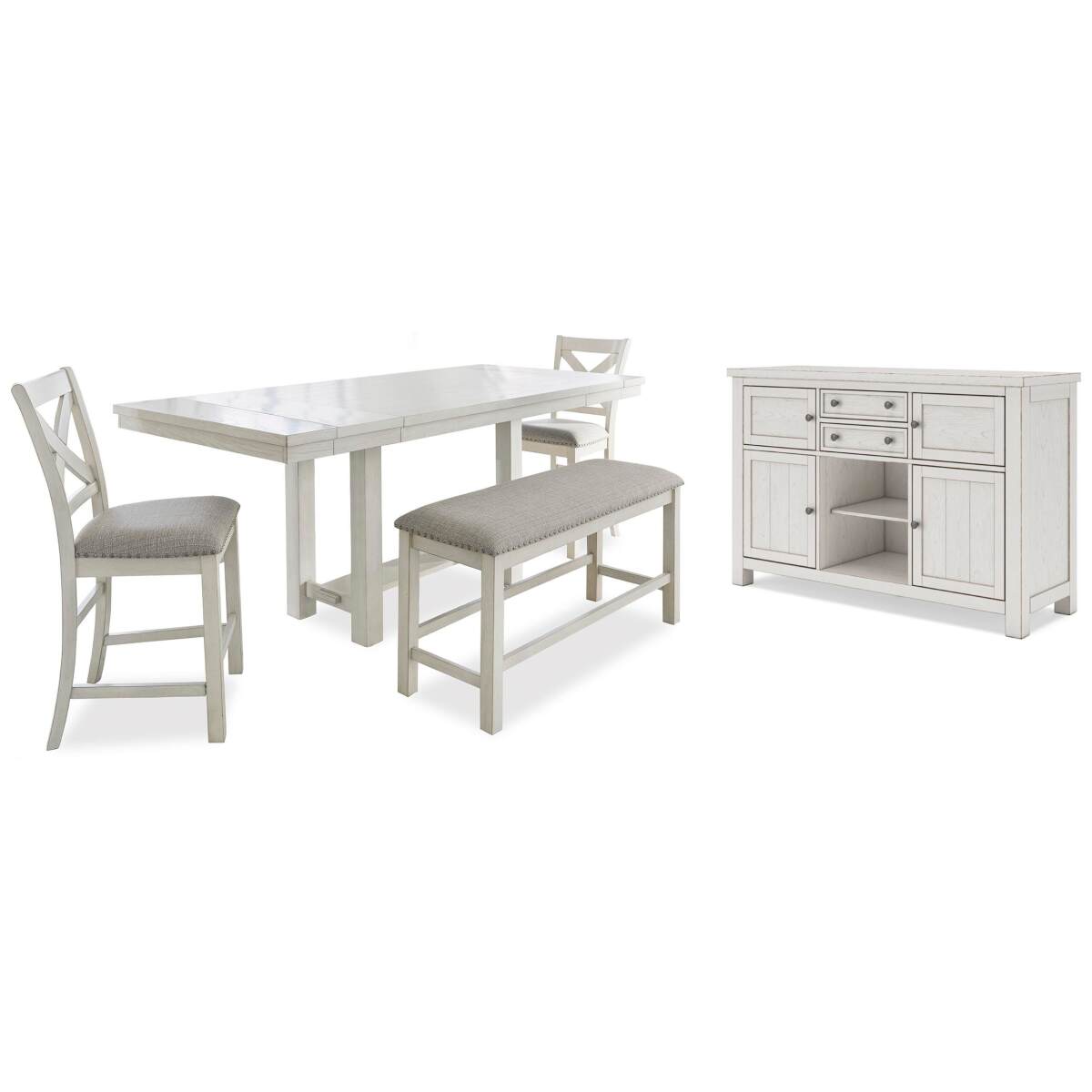 fd25733a92627d748e367f91ca1ff050 Robbinsdale Counter Height Dining Table, 2 Barstools, Bench and Server - Image 1