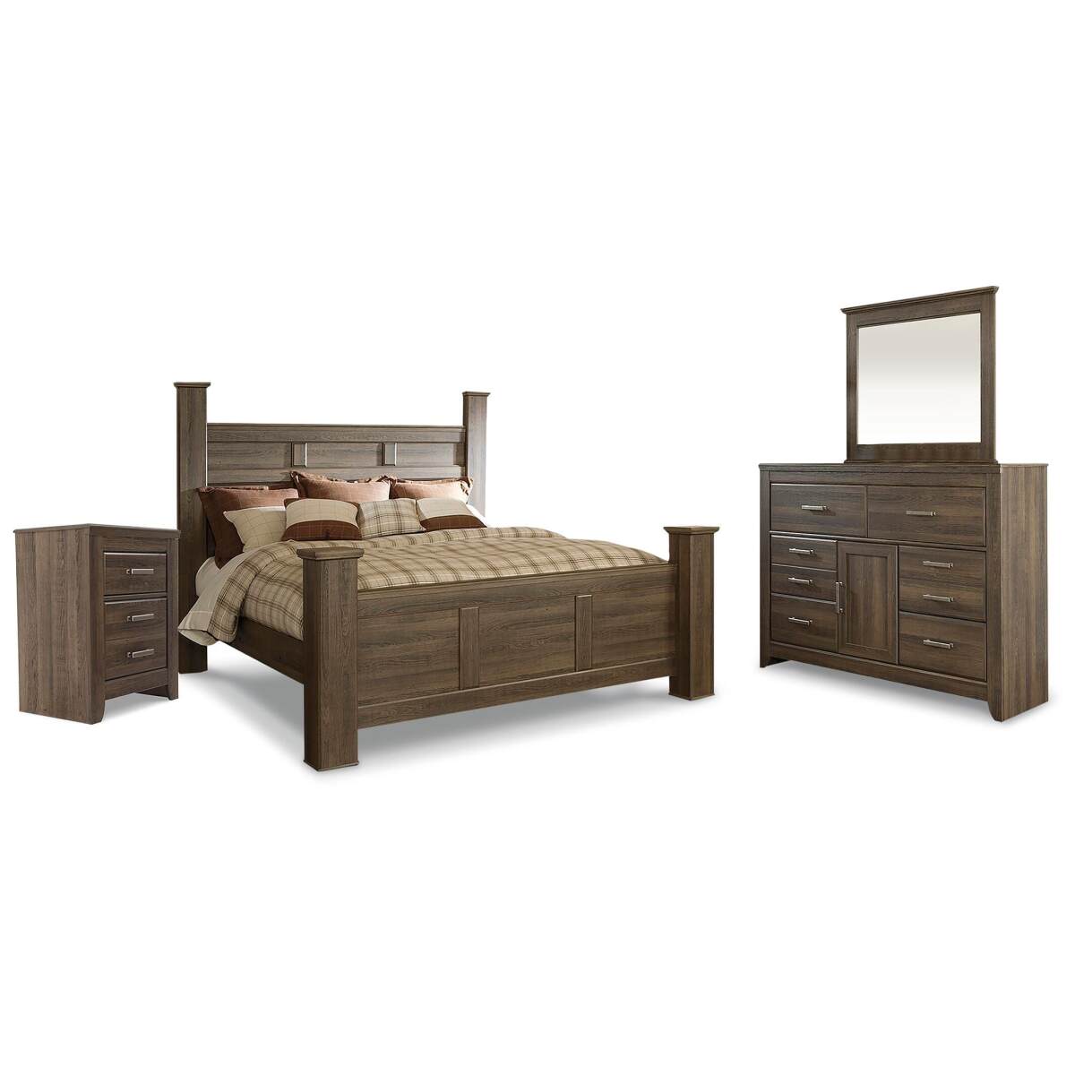 fd68ccfbf740ab7b501db94ef84a7d3b Juararo King Poster Bed, Dresser, Mirror and Nightstand - Image 1