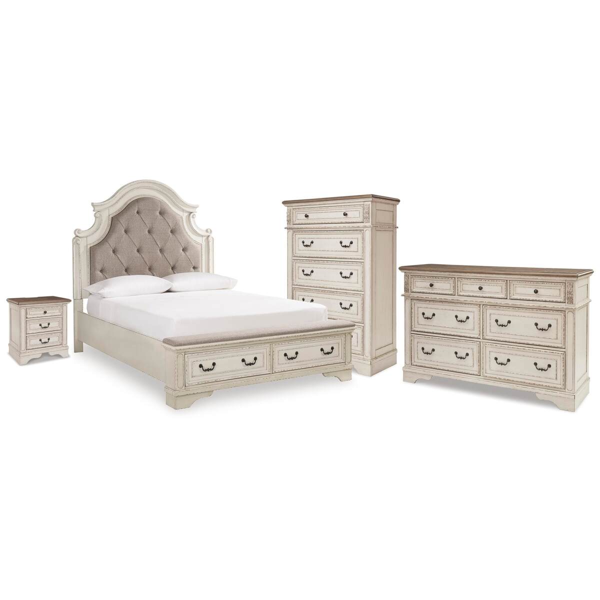 fed1af2617748c182d2d37643fe9498a Realyn Queen Upholstered Storage Bed, Dresser, Chest and Nightstand - Image 1
