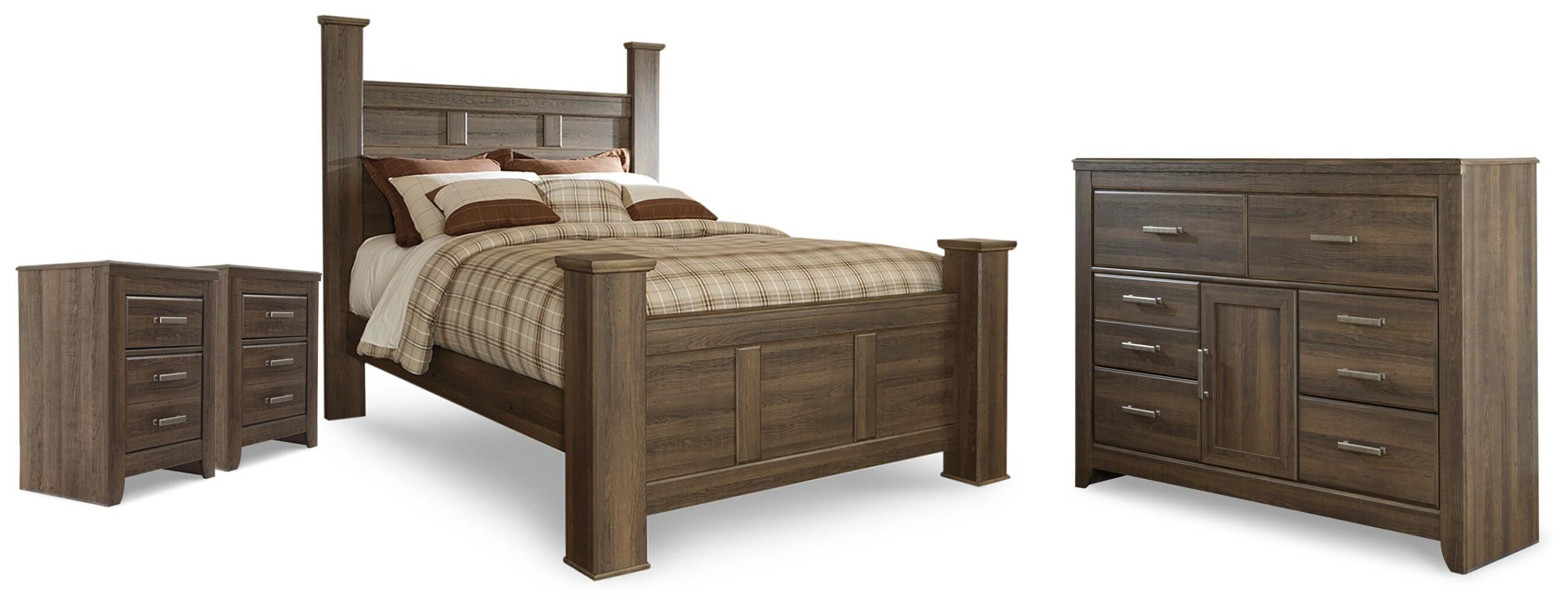 ff61dbba172d6962a311c06e32fdb31e Juararo Queen Poster Bed, Dresser and 2 Nightstands - Image 1