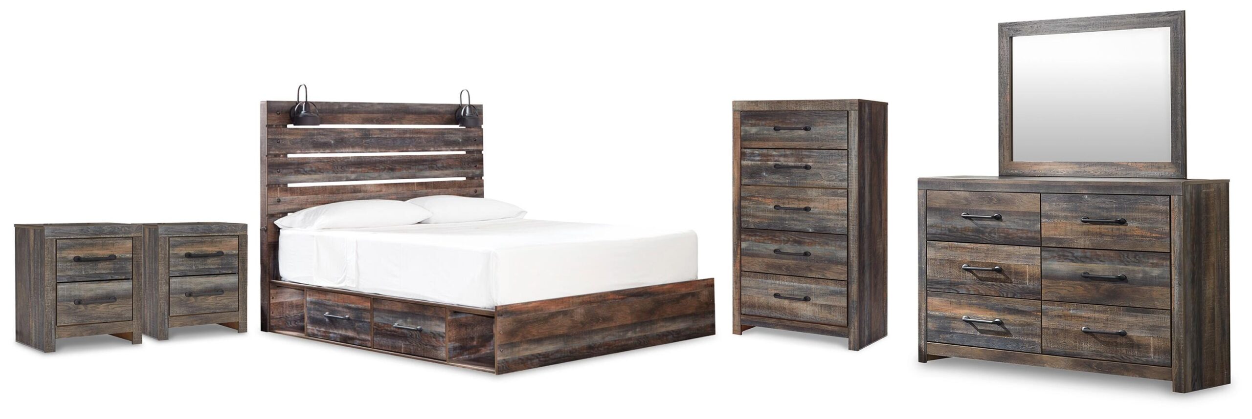 6537e7b129e49dbbbd5f531085c3289e Drystan King Panel Bed with Storage, Dresser, Mirror, Chest and 2 Nightstands - Image 1