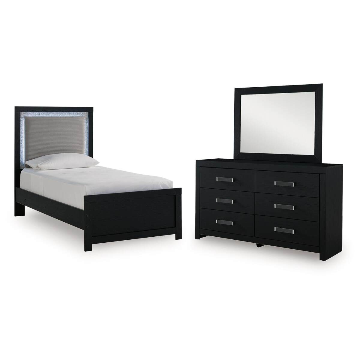 a09875ba076f5b5da22391da87de3f36 Maeling Twin Upholstered Panel Bed, Dresser and Mirror - Image 1