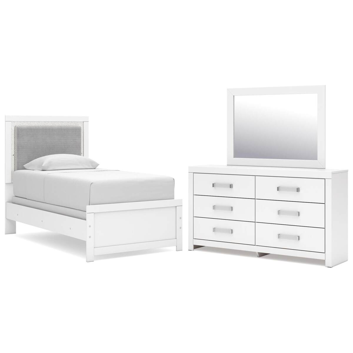 c73f286b50391c37464f2c679efc420c Maeling Twin Upholstered Panel Bed, Dresser and Mirror - Image 1