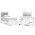 Maeling Twin Upholstered Panel Bed, Dresser and Mirror