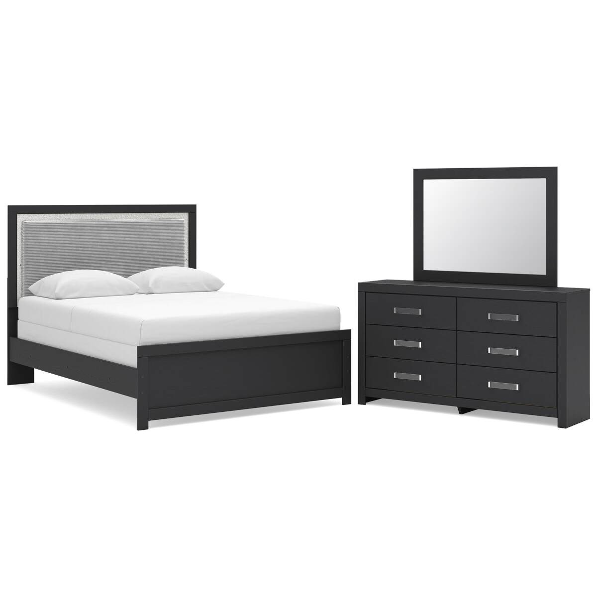 d90a6eed507dab1a010cc36655f9f488 Maeling Queen Upholstered Panel Bed, Dresser and Mirror - Image 1